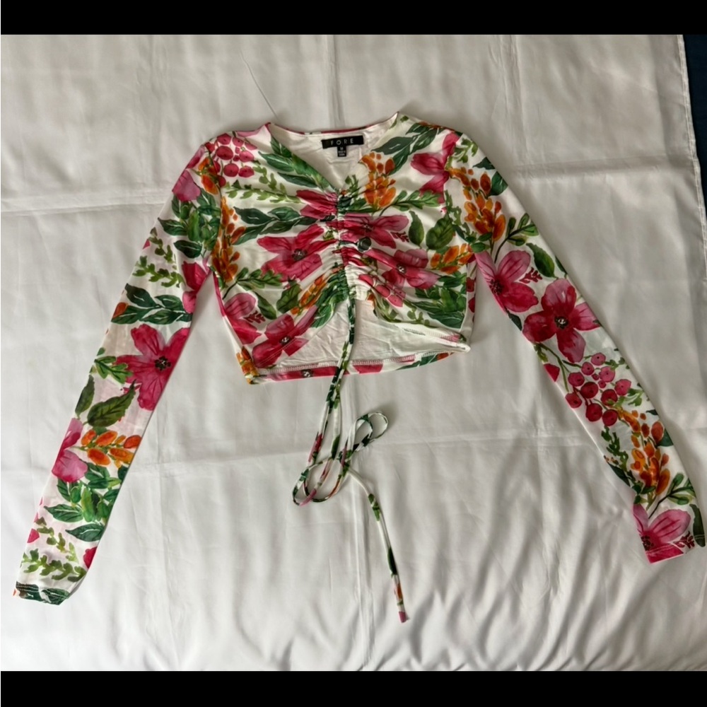 FORE Floral Print Long Sleeve Cinched Front Cropped Shirt - White, Pink & Green